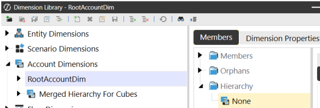 The Account dimension's Root dimension is selected and the None dimension displays in the Members tab.